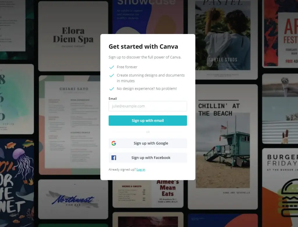 canva signup screen