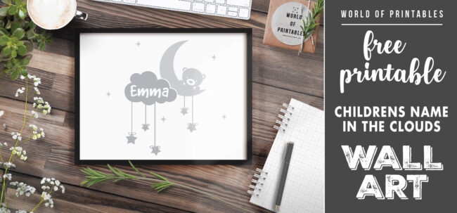 free printable childrens name in the clouds wall art