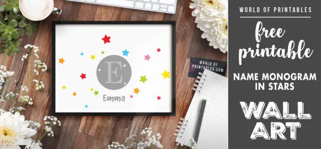 free printable childrens name monogram surrounded by stars wall art