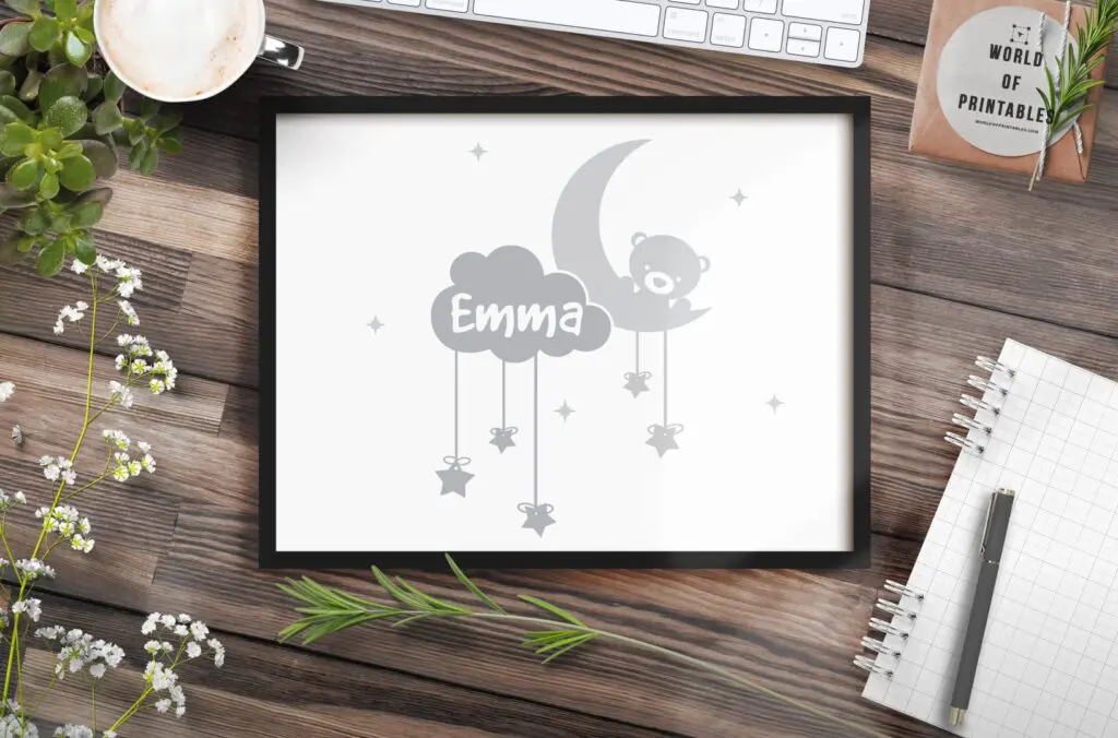boys name girls name in clouds with moon and teddy mockup - Printable Wall Art