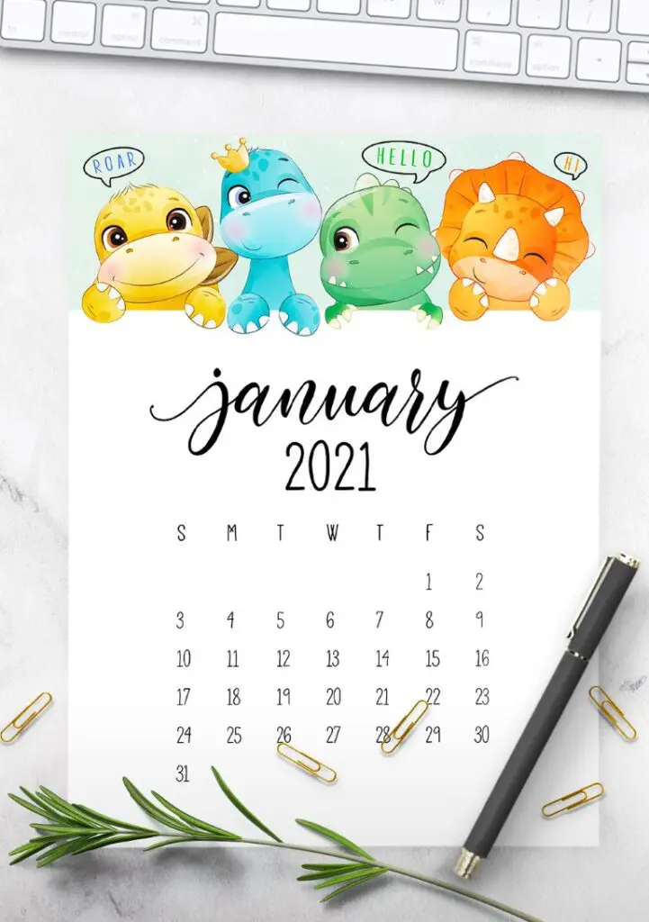 Free calendar pages from January to December, with cute dinosaurs on top - free printable 2021 calendar
