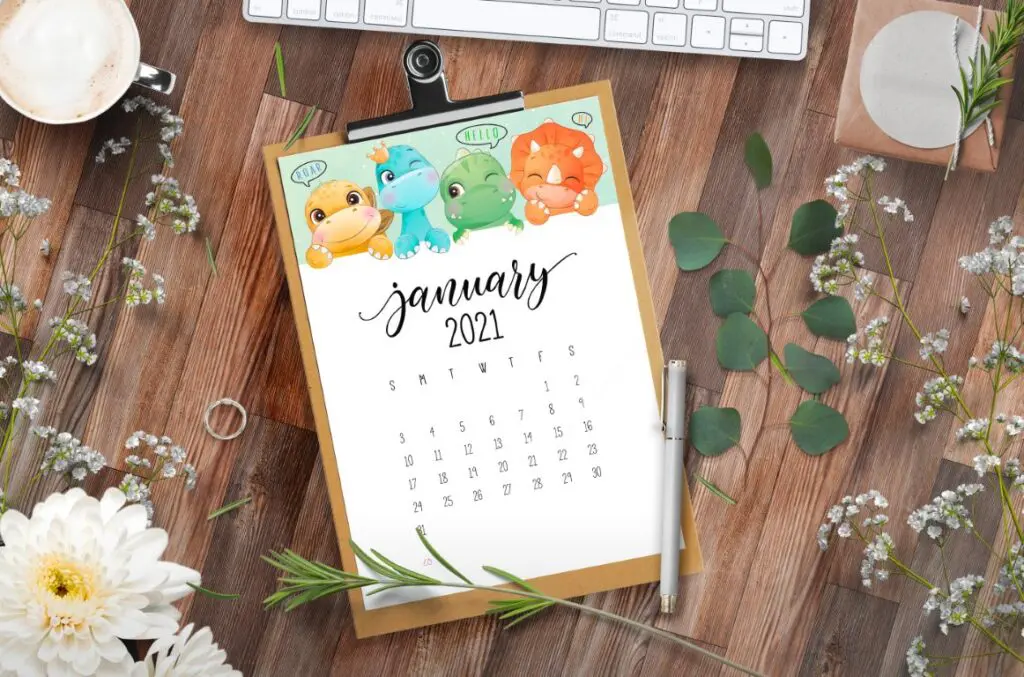 free calendar pages with little dinosaurs and text overlay - free 2021 calendar printable 