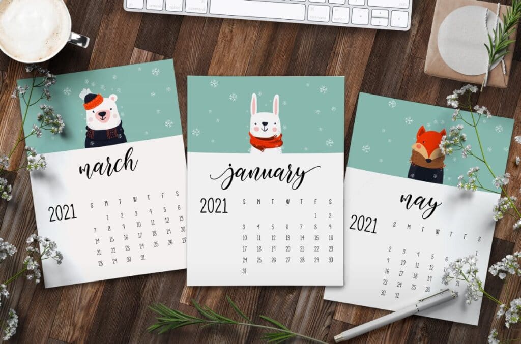 Free Printable Cute Winter Animals 2021 Calendar