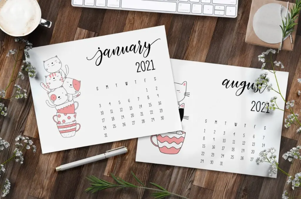 Free Printable Calendar 2021 - calendar stack of kittens in teacups