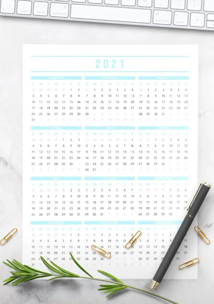 2021 Free Printable One Page Calendar
