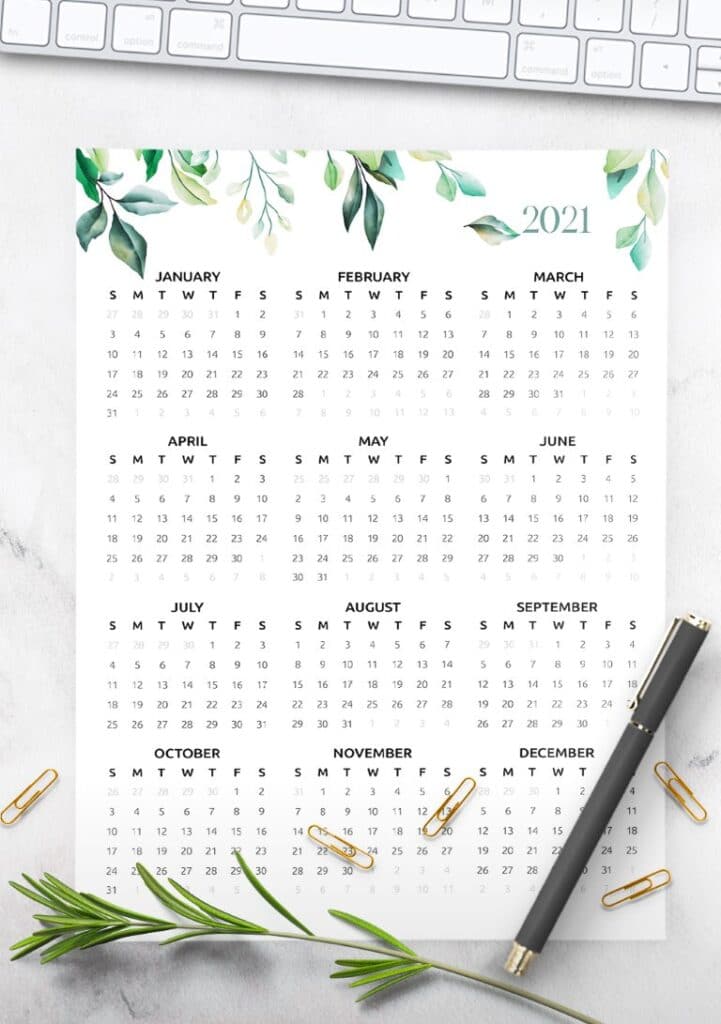 2021 One Page Botanical Calendar