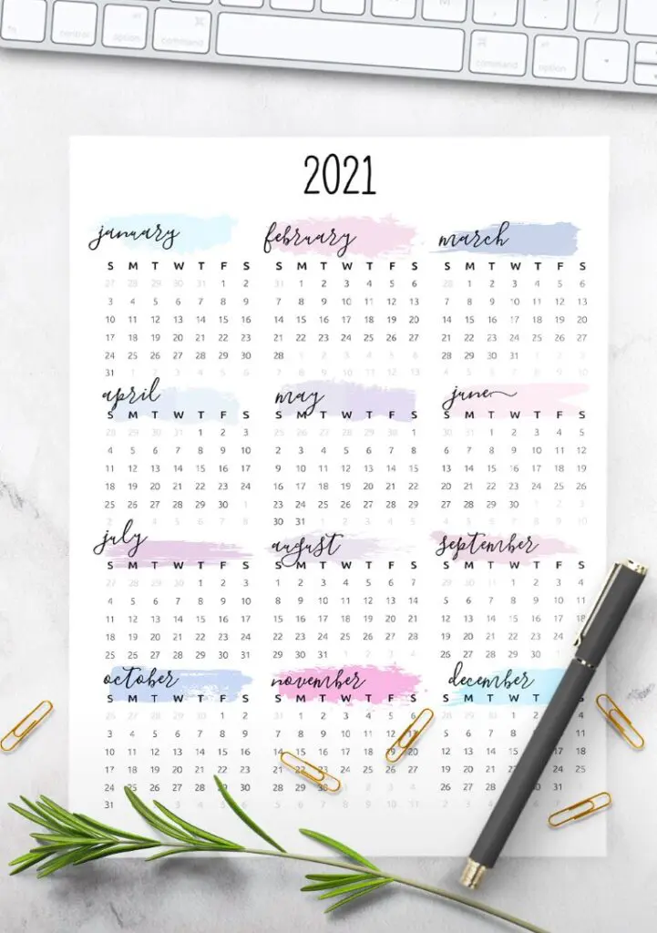 Watercolor One Page 2021 Calendar Printable