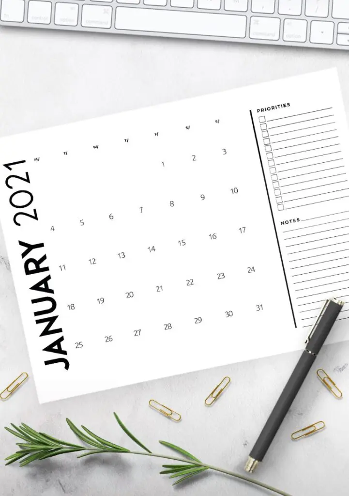 Free 2021 Calendar Priorities And Notes
