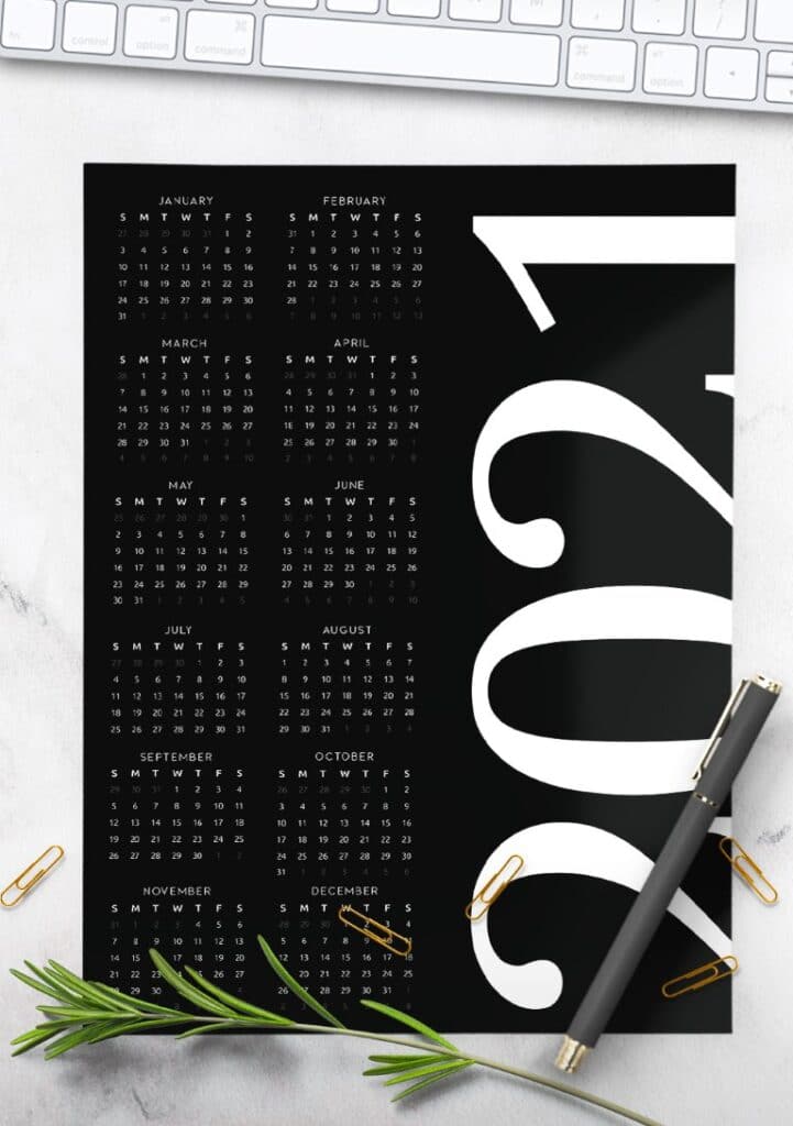 Bold And Contemporary One Page 2021 Calendar