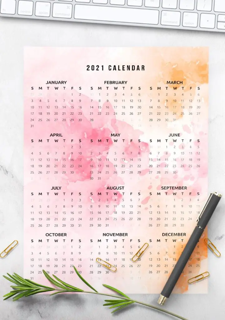 Watercolor 2021 One Page Calendar