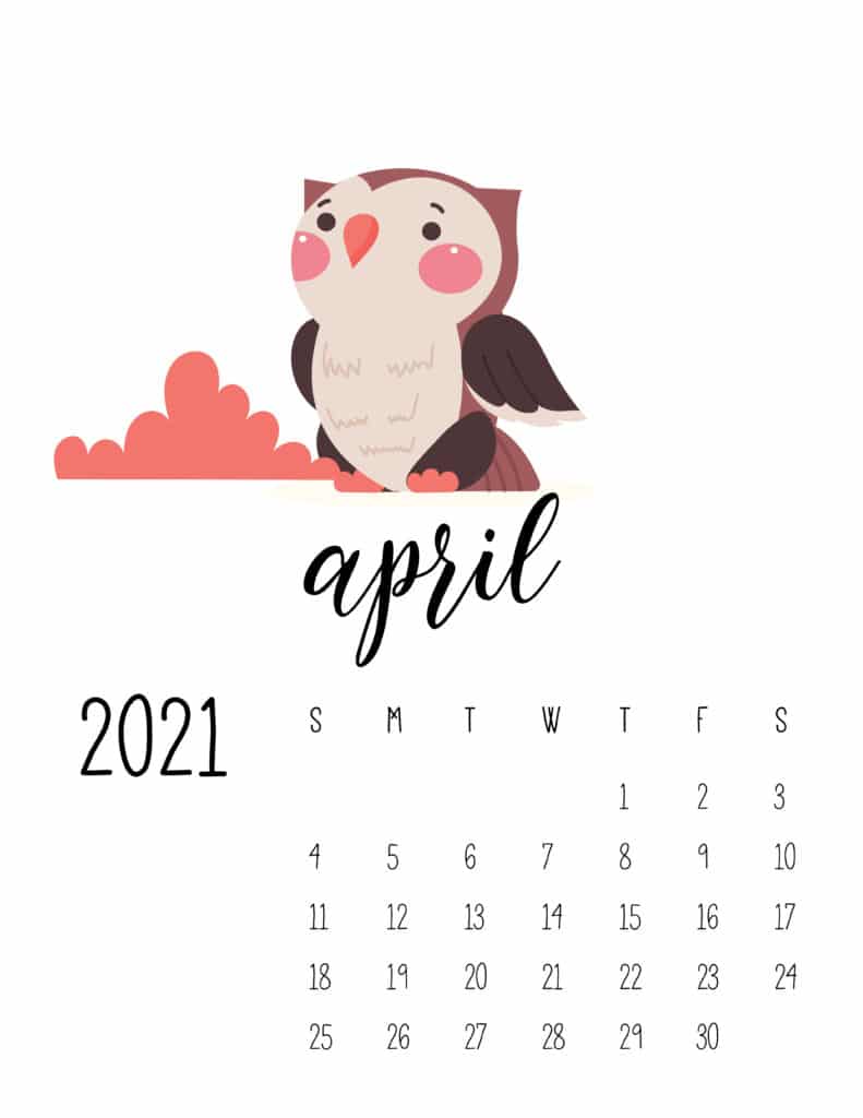 April 2021 Calendar Forest Woodland Animals
