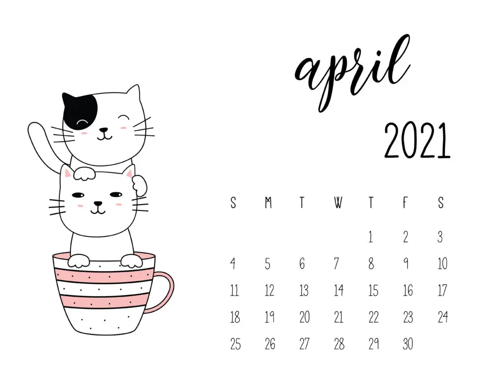April 2021 Calendar Kittens in Tea Cups