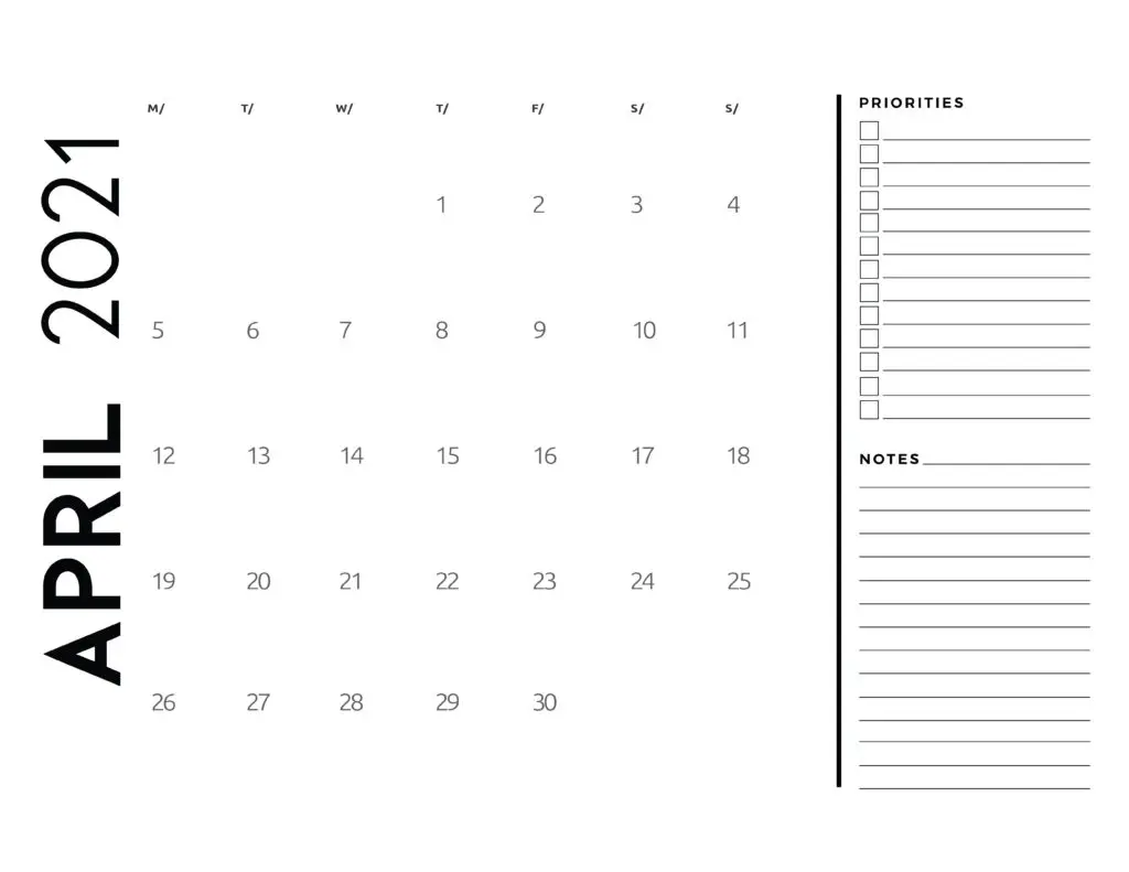 April 2021 Calendar Priorities And Notes