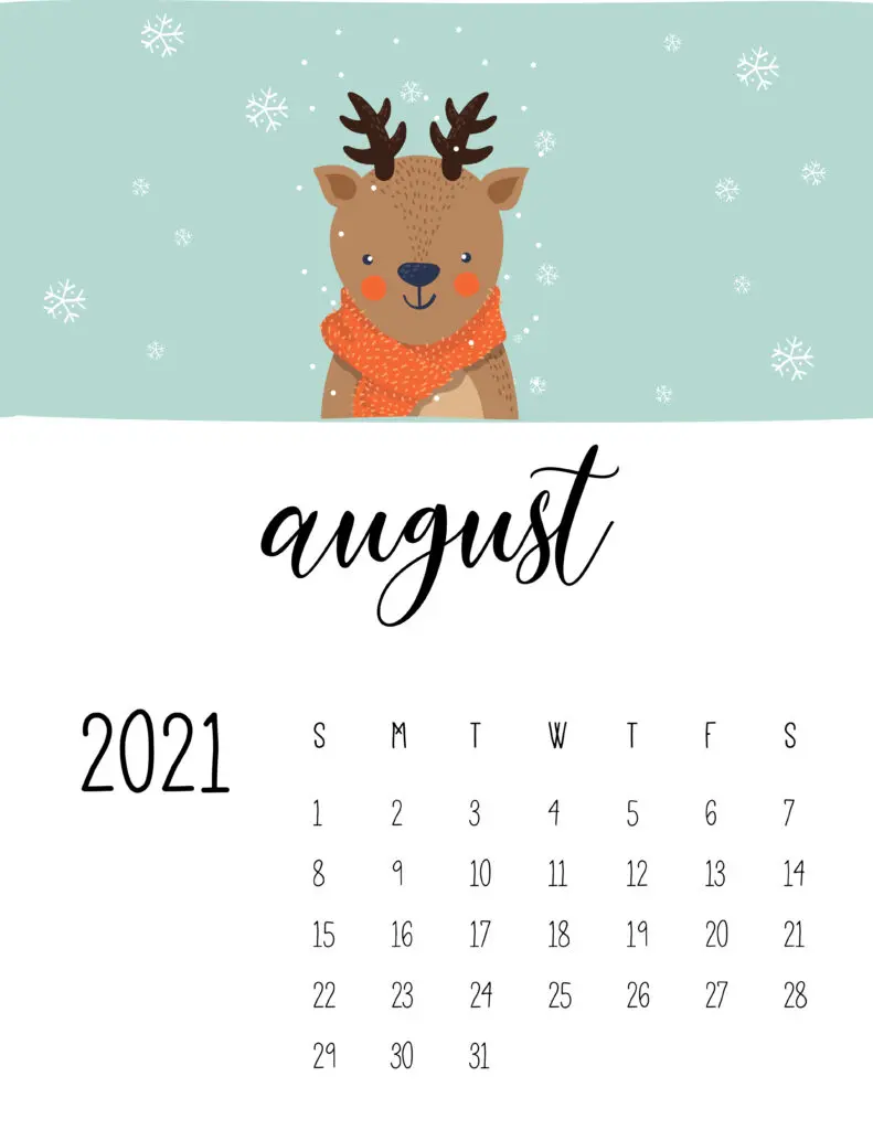 August 2021 Calendar Cute Winter Animals