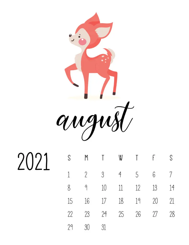 August 2021 Calendar Forest Woodland Animals