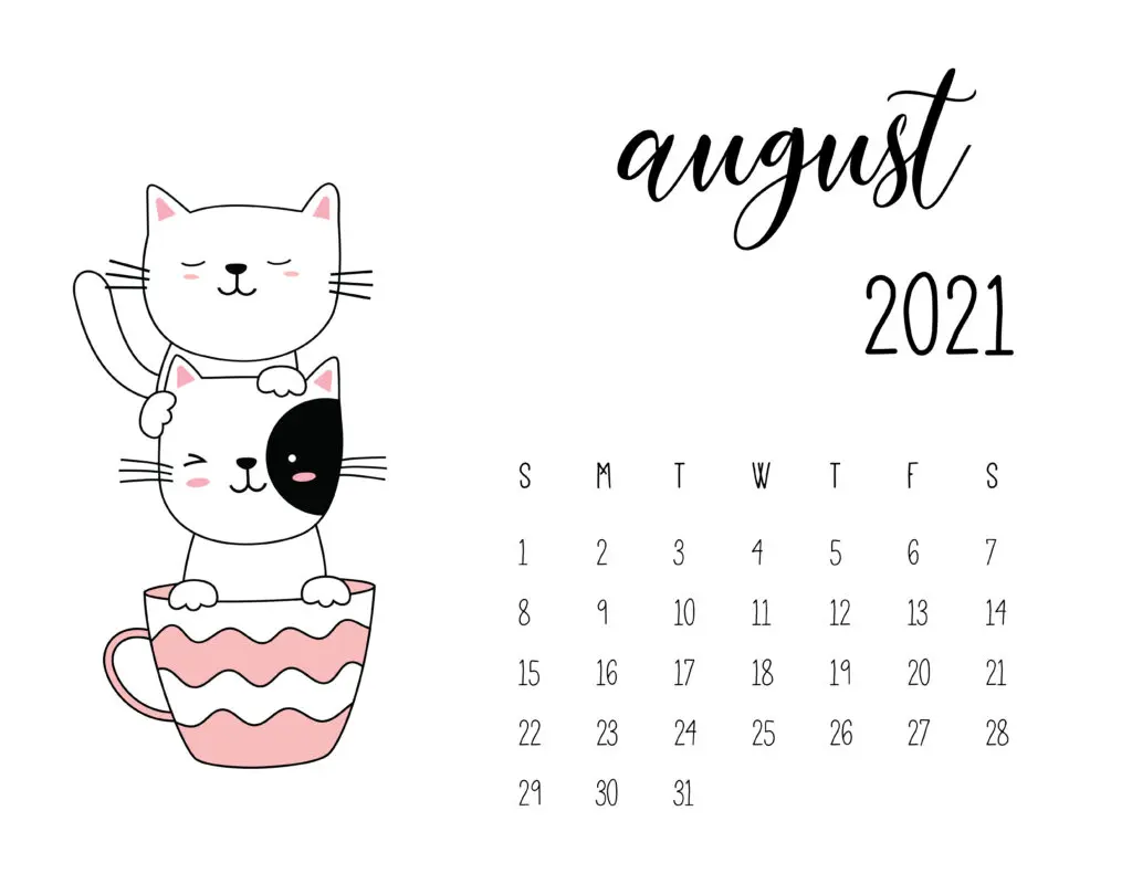 August 2021 Calendar Kittens in Tea Cups