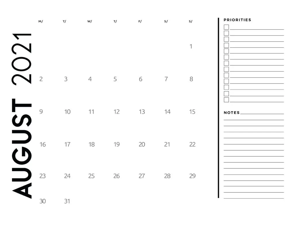 August 2021 Calendar Priorities And Notes