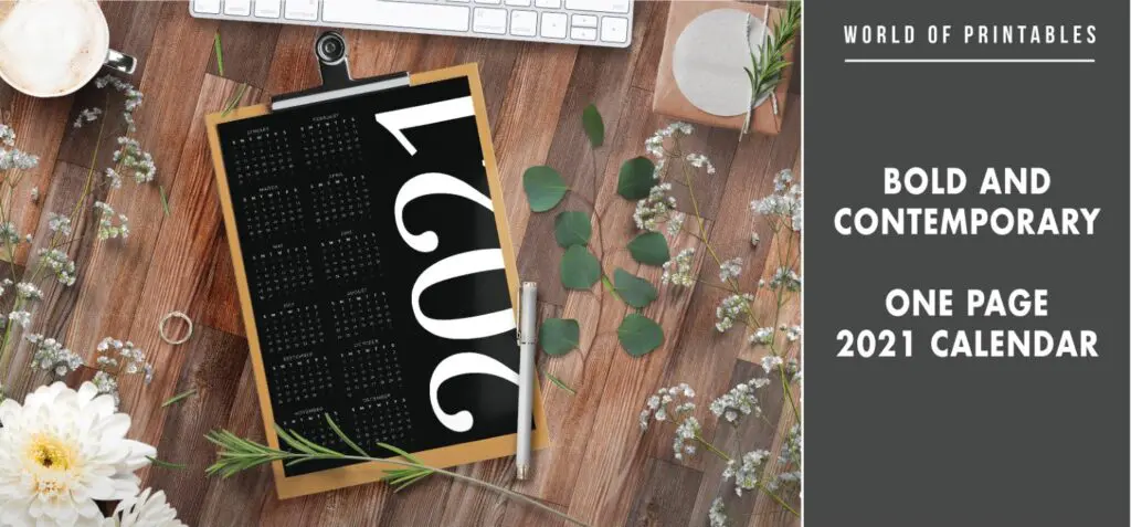 Bold and contemporary one page 2021 calendar