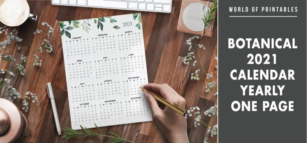 Botanical 2021 calendar yearly one page