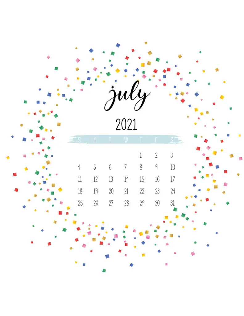 Colorful Free Printable July 2021 Calendar