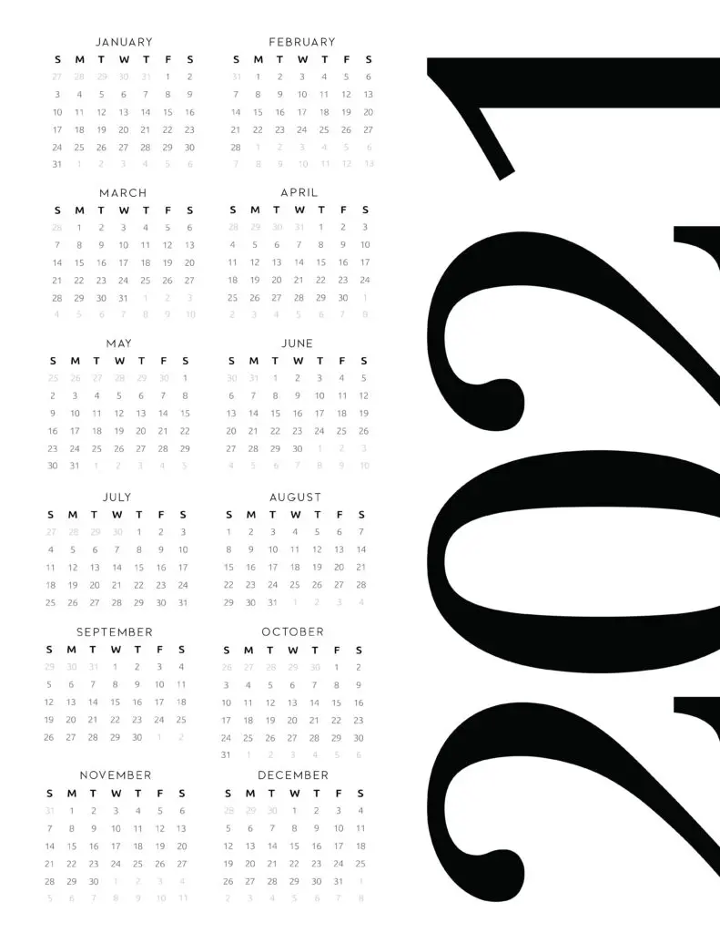 Contemporary Free One Page 2021 Calendar