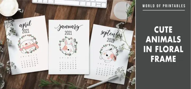 Cute animals in floral frame