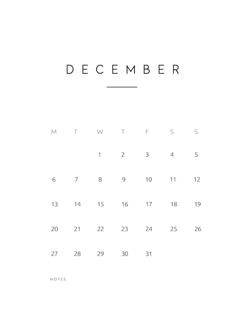 December 2021 Calendar Contemporary Style