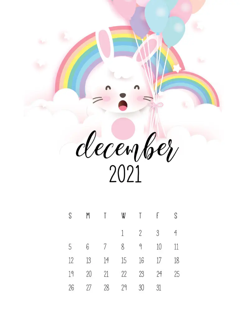 December 2021 Calendar Cute Rabbits And Rainbows