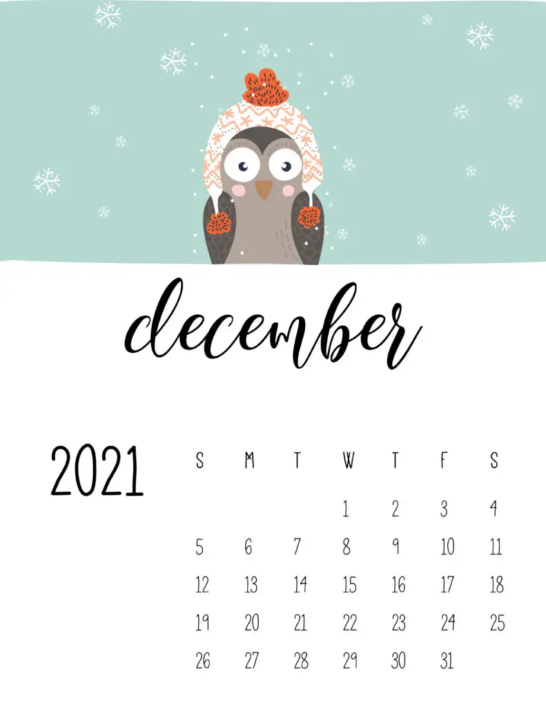 December 2021 Calendar Cute Winter Animals