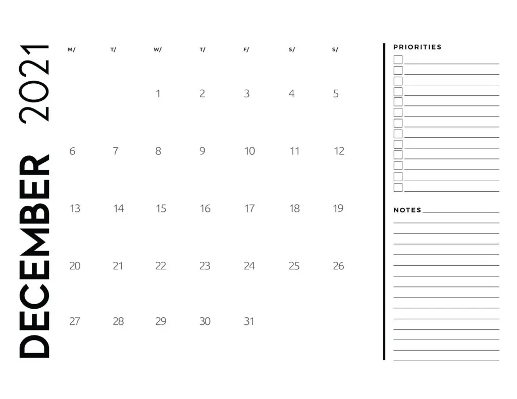 December 2021 Calendar Priorities And Notes