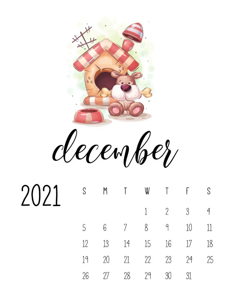 December 2021 Calendar with Cute Happy Animals