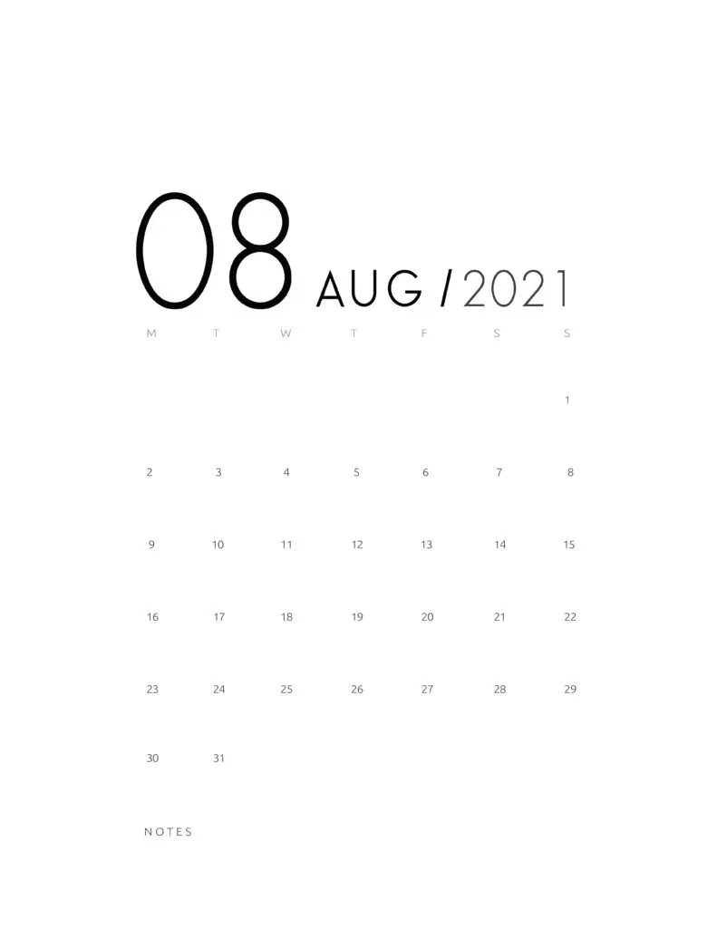 Elegant August 2021 Calendar