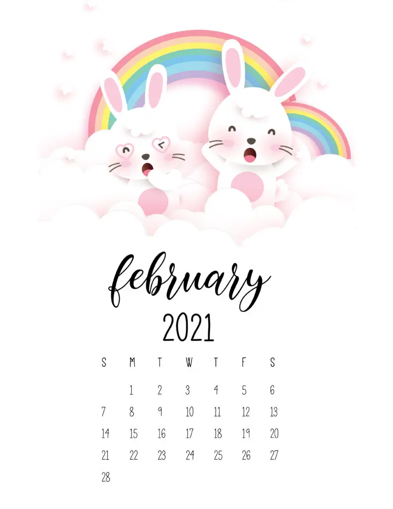 February 2021 Calendar Cute Rabbits And Rainbows