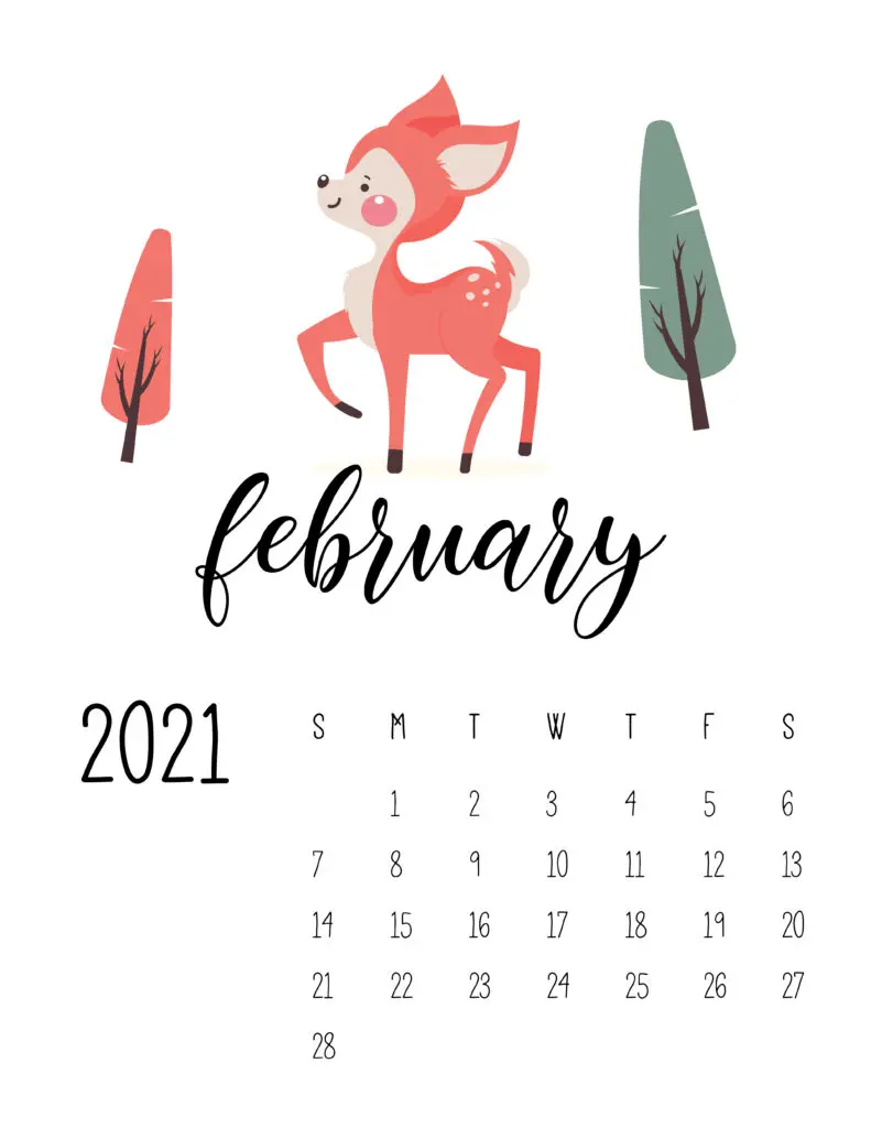 February 2021 Calendar Forest Woodland Animals