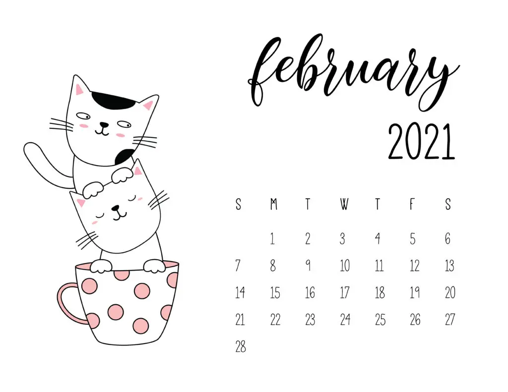 February 2021 Calendar Kittens in Tea Cups