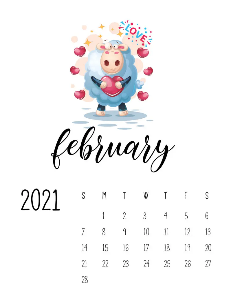 February 2021 Calendar with Cute Happy Animals