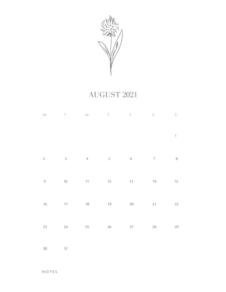 Free Floral Calendar August 2021