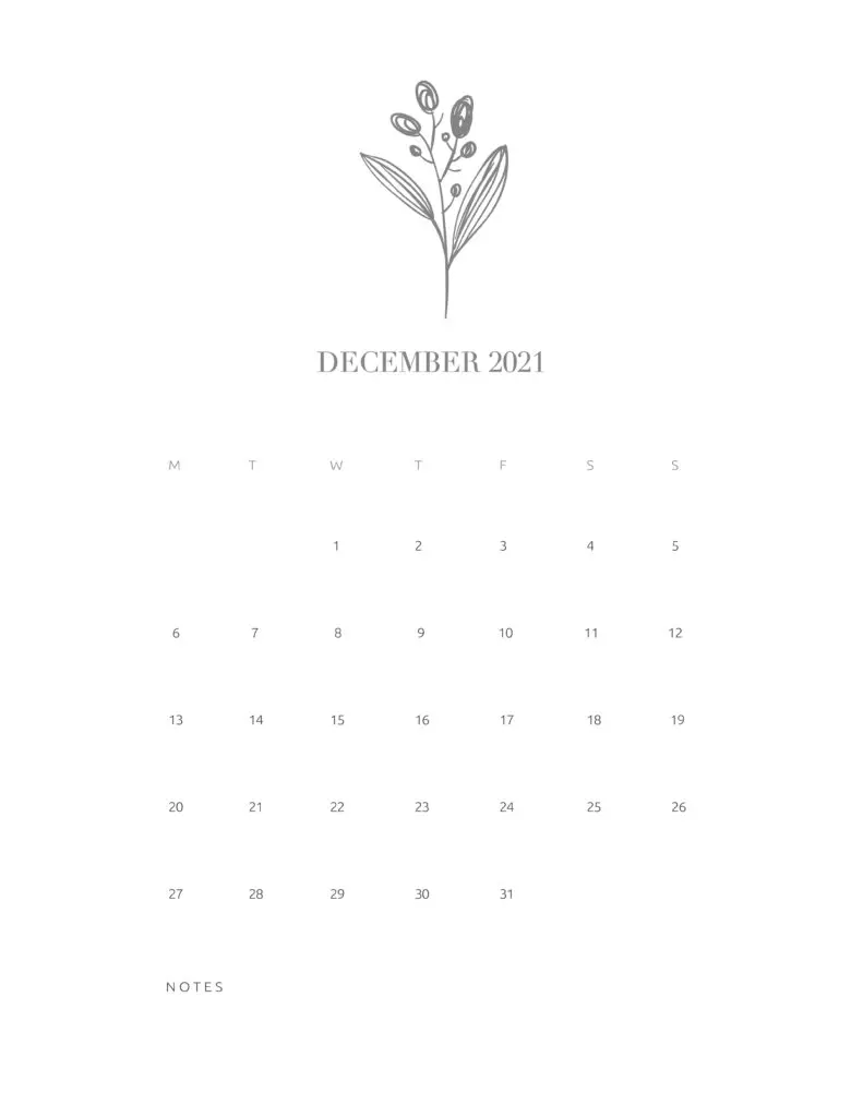 Free Floral Calendar December 2021