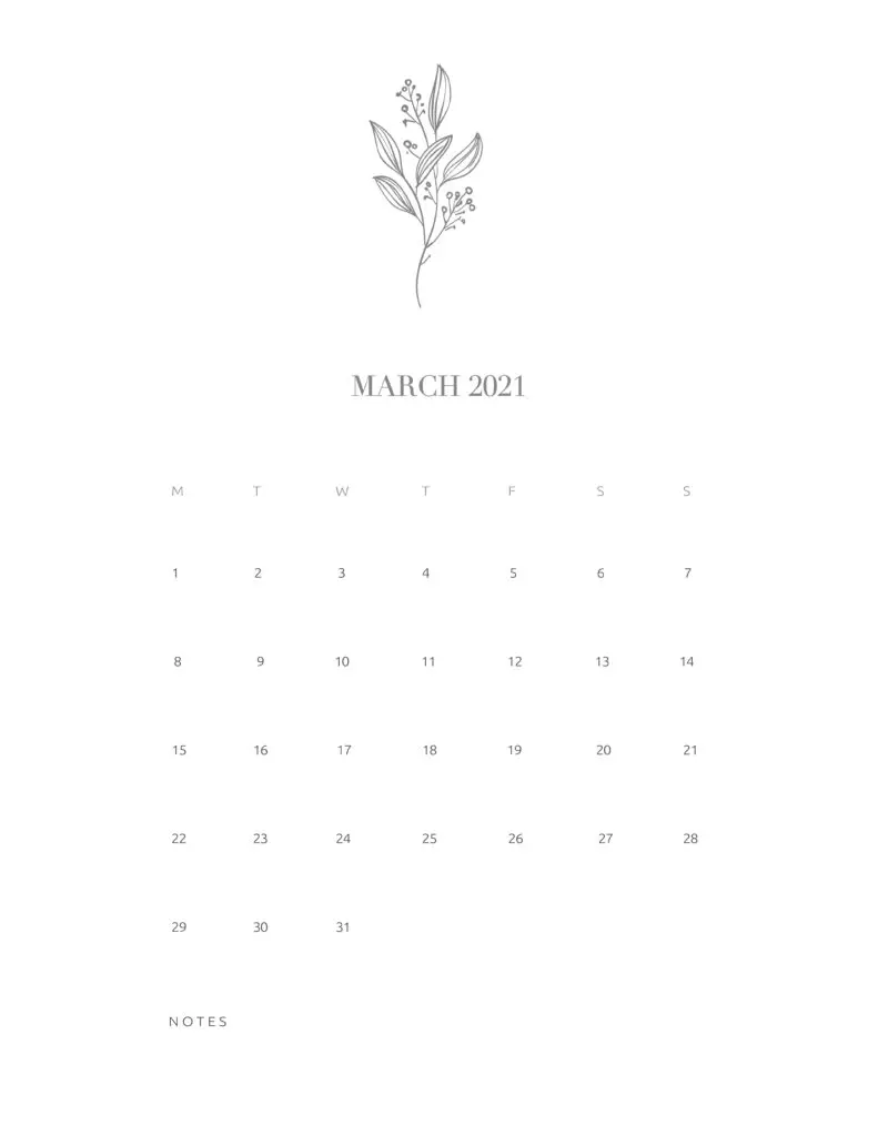 Free Floral Calendar March 2021