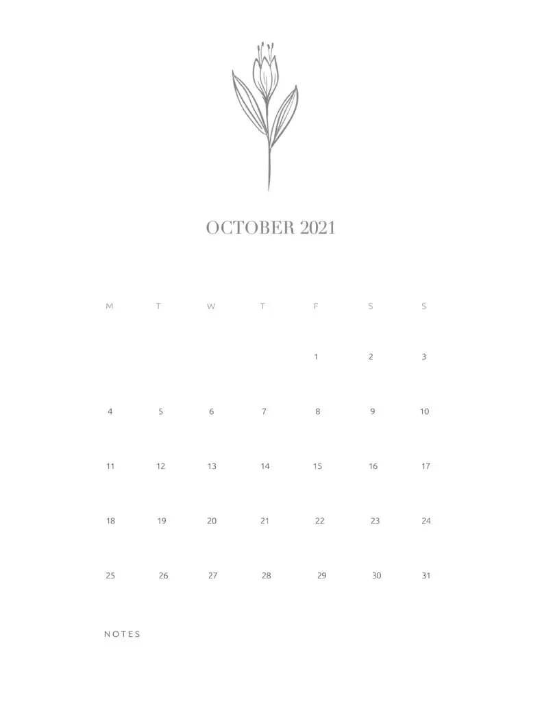 Free Floral Calendar October 2021