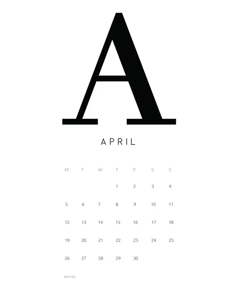 Free Printable Alphabetical April 2021 Calendar