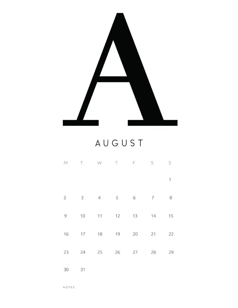 Free Printable Alphabetical August 2021 Calendar