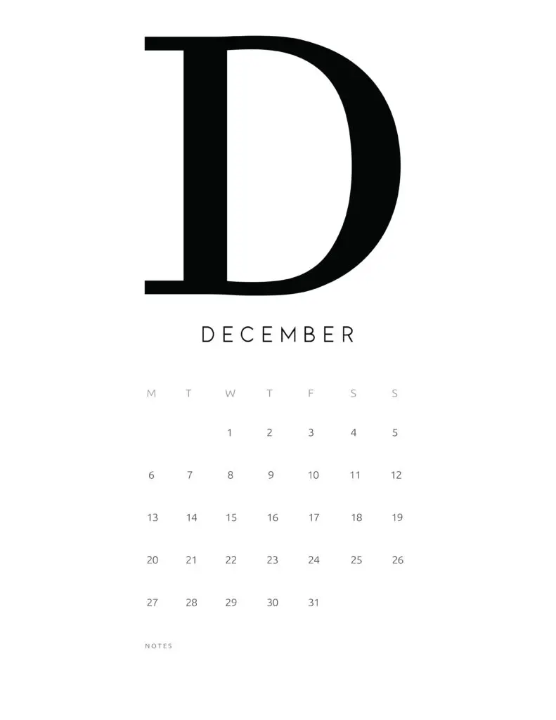 Free Printable Alphabetical December 2021 Calendar