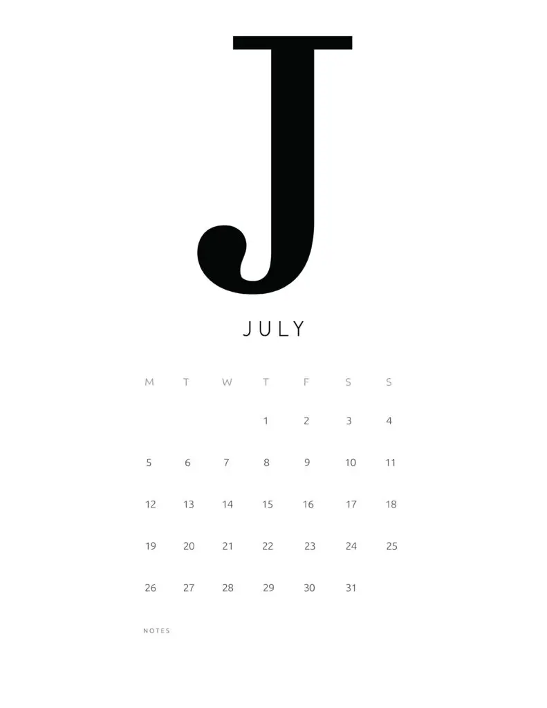 Free Printable Alphabetical July 2021 Calendar