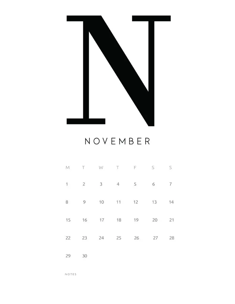 Free Printable Alphabetical November 2021 Calendar