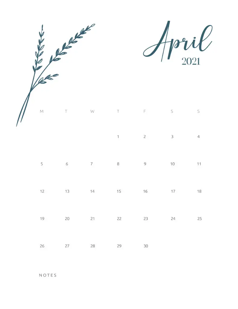 Free Printable Calendar April 2021 Floral