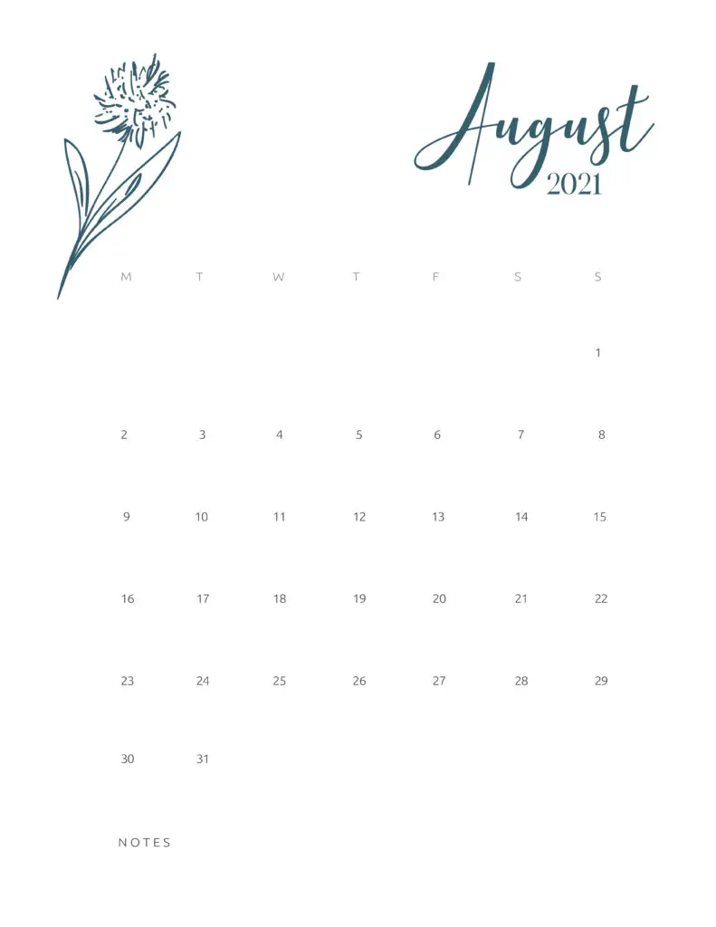 Free Printable Calendar August 2021 Floral