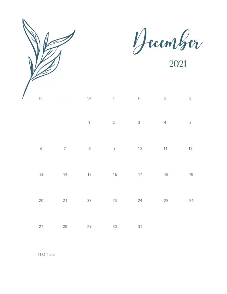 Free Printable Calendar December 2021 Floral