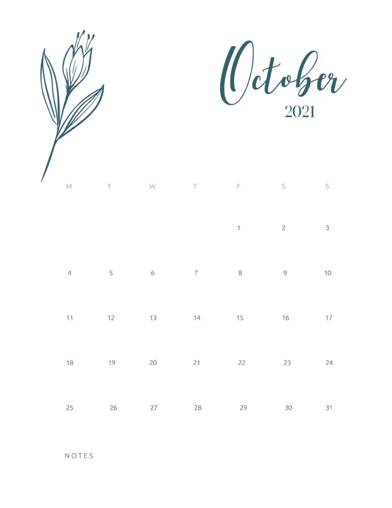 Free Printable Calendar October 2021 Floral