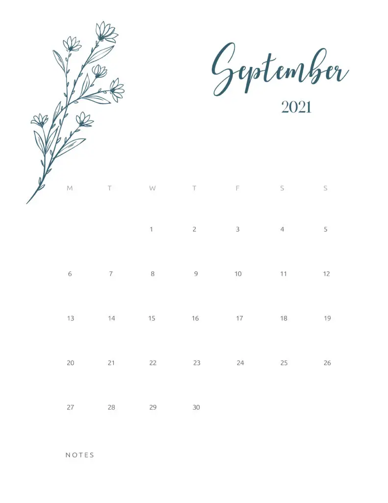 Free Printable Calendar September 2021 Floral